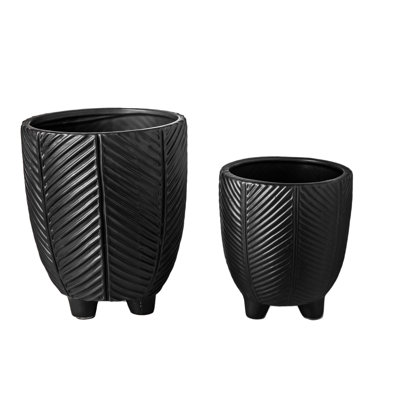 Ceramic Round Pot with Embossed Chevron Srtipe Pattern Design Body on Tapered Bottom and Stand Set of Two Matte Finish Black..7.75"x7.75"x9.00"H; 6.00"x6.00"x7.00"H