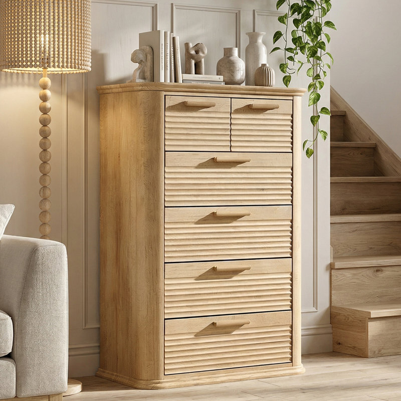 Commode 6 tiroirs en bois cannelé de 6 po de hauteur avec rangement moderne anti-basculement pour la chambre à coucher et le vestibule