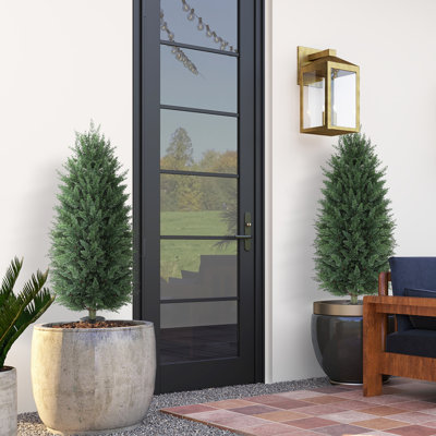 Artificial Cypress Topiary Tree with Ground Spike, 43.3 Inch Set of 2 Artificial Shrub Bushes, Fake Evergreen Tree for Porch, Artificial Plants for Outdoor Planters Indoor