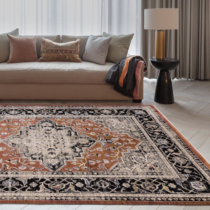 Bentancourt Medallion Black/Terracotta Area Rug, Rectangle 200 x 290cm