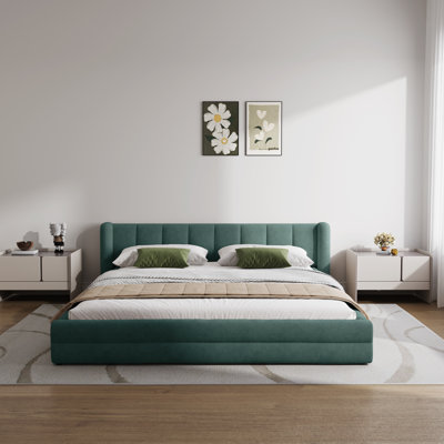 Queen Size Chenille Upholstered Low Bed Frame,   Platform Bed With Wingback Headboard