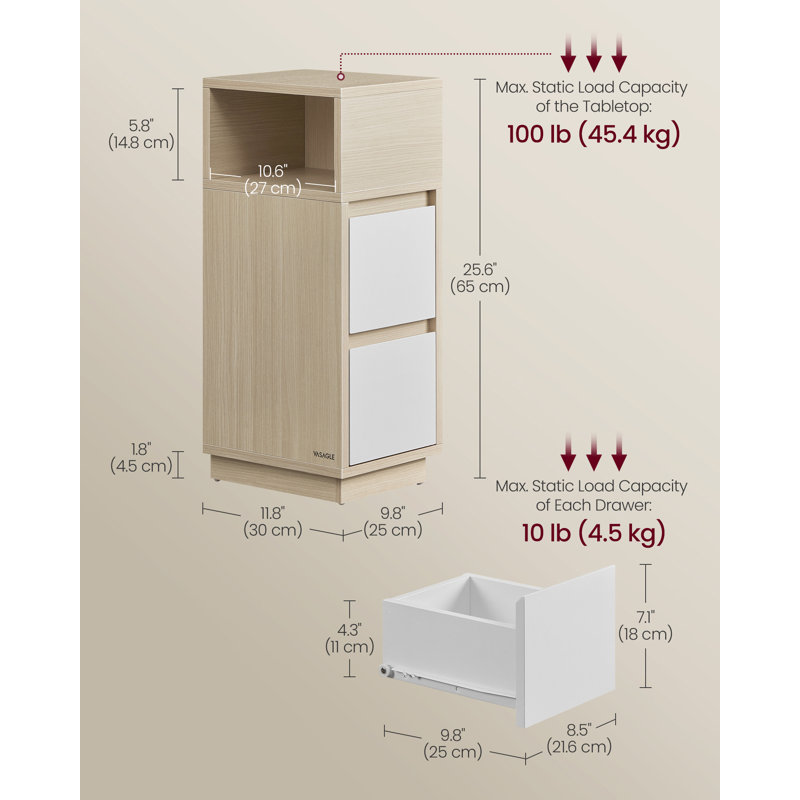 Arcolia 25cm W Manufactured Wood Bedside Table, Natural/White