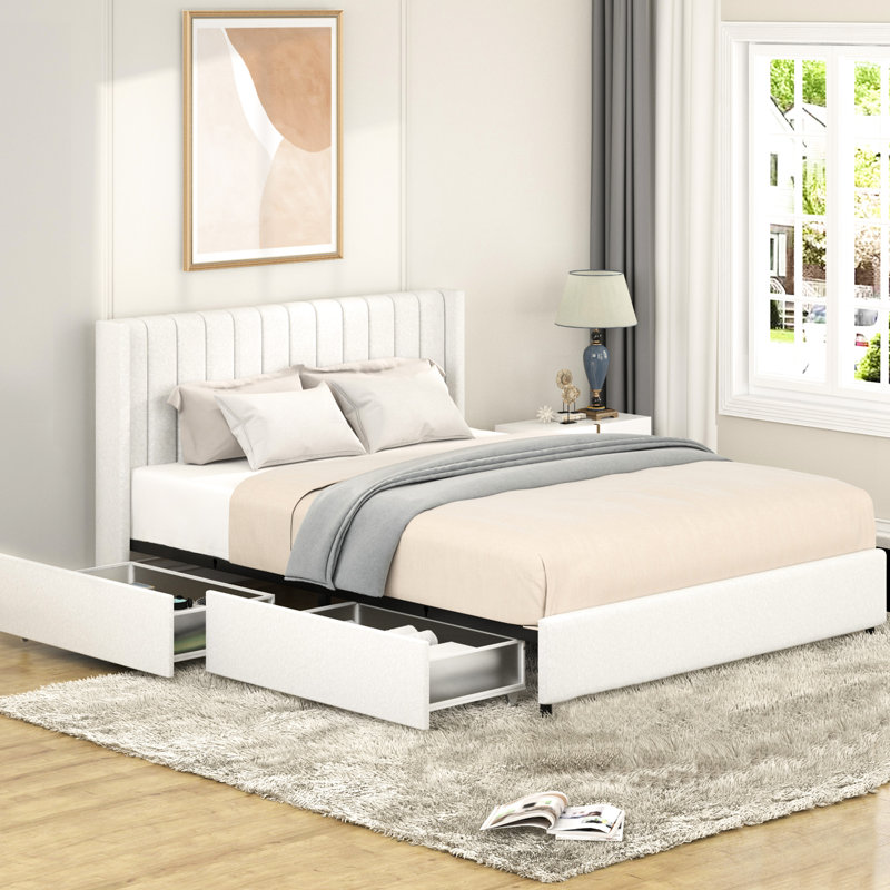 Contemporary Queen Bed With Plastic-Lined 4 Storage & Stable Support Transitional Size 40Lbs Capacity Drawer System Metal Base