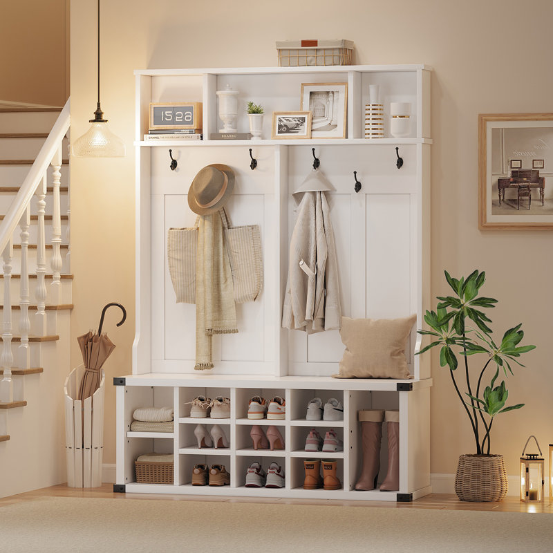 Hall Tree with Shoe Storage Bench, 4-in-1 Entryway Bench with Coat Rack & Adjustable Shlef, Hall Tree with Metal Corner & 5 Tri-Hooks for Entryway, Bedroom, Living Room
