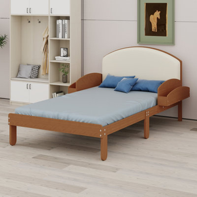 Bed frame with curved padded headboard, side shelves and arched legs for modern bedrooms