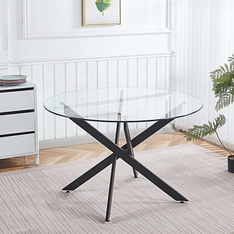 Glass Top Dining Table With Cross Metal Leg