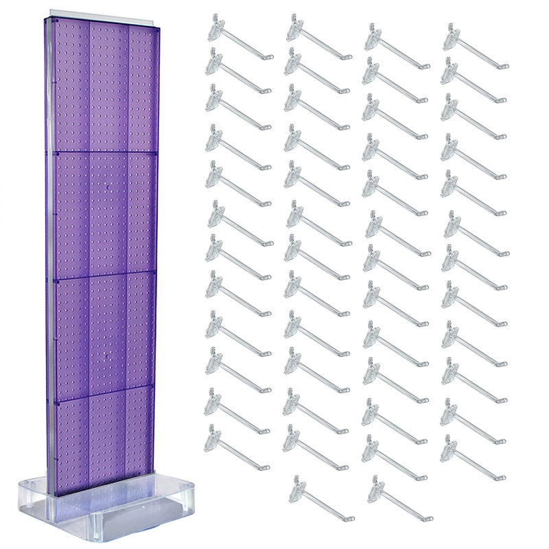 Présentoir de plancher perforé mauve sur fond de studio avec (50) crochets transparents de 6 po