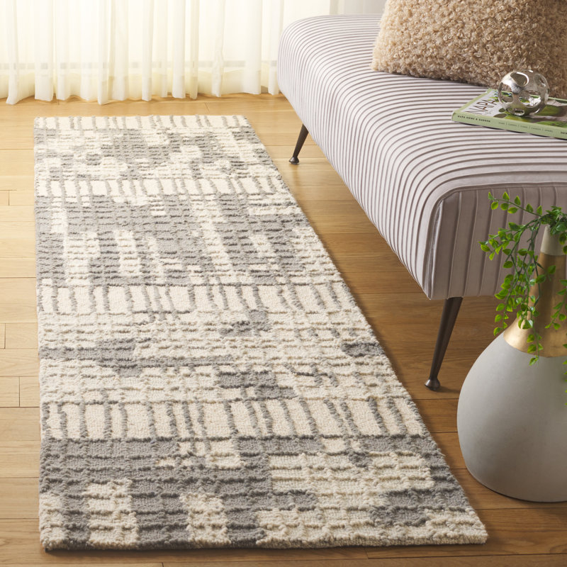Veonica Hand Tufted Wool/Cotton Abstract Rug in Gray/Ivory/Dark Gray, Runner 2'3" x 8'