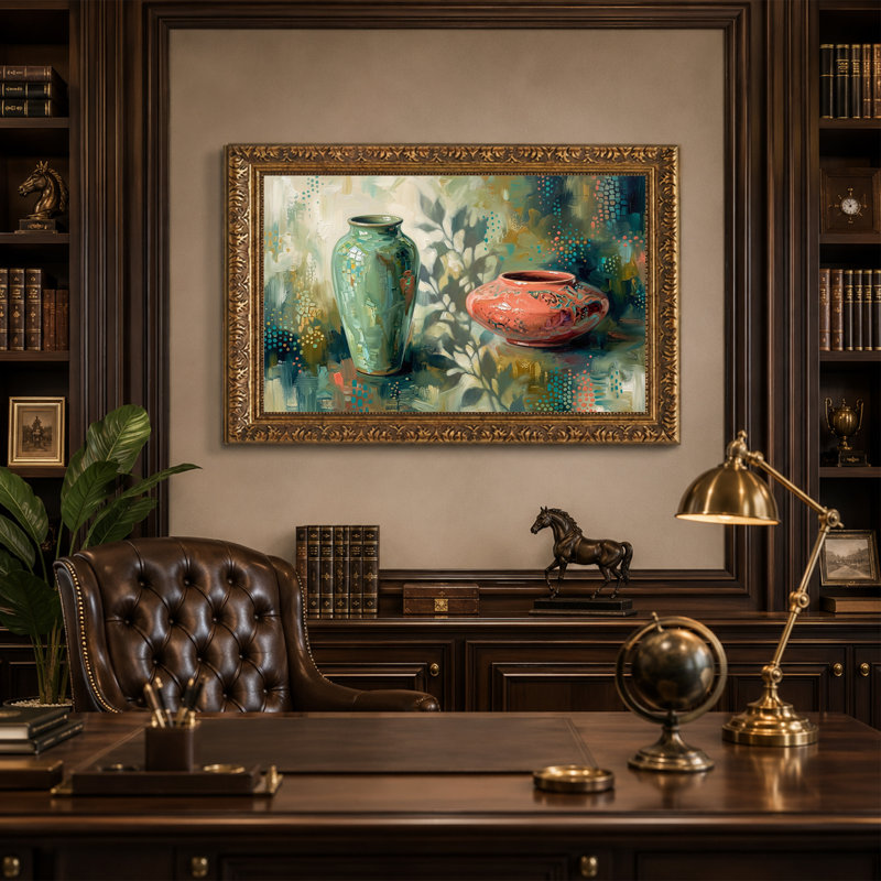 «Green Vase and Rust Pot in Abstract Style», art mural sur toile, 16"H x 24"W