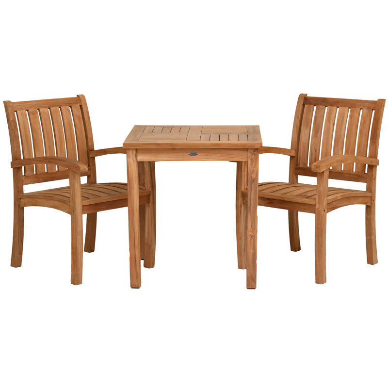 Teak Wood Bistro Dining Set Including Square Table With Abacho Arm Chairs, 2