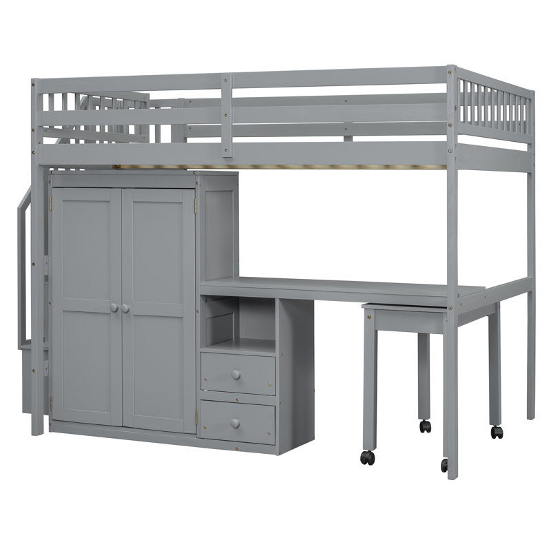 Loft Bed With Stairs, Bookshelf, Drawers, Desk & Wardrobe – Space-Saving Multifunctional Furniture For Kids & Teens, Gray