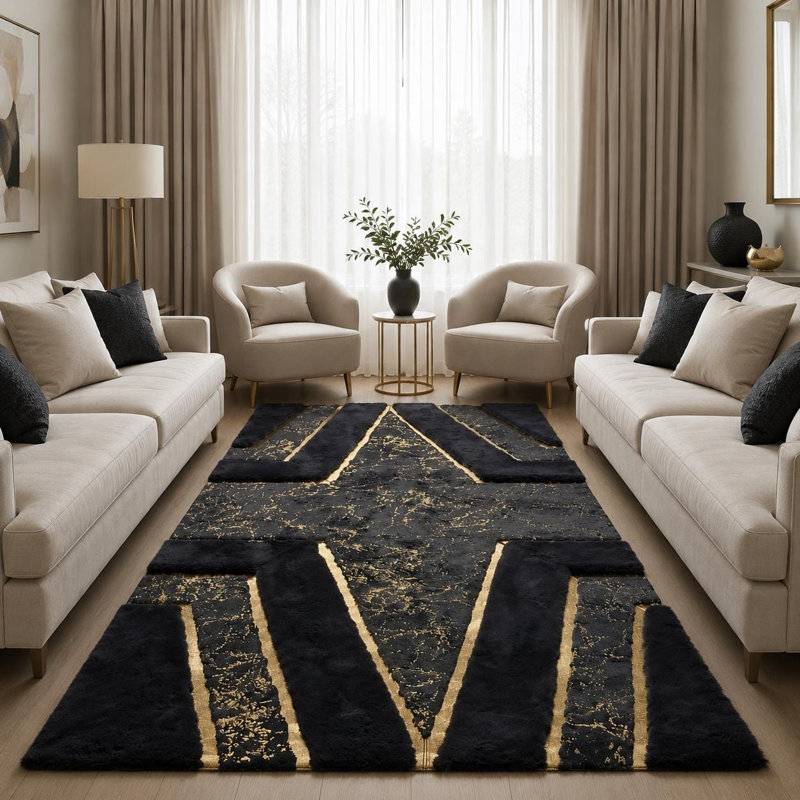Tapis luxueux luxueux à motif géométrique noir doré, tapis moderne en fausse fourrure, tapis tendance, 3 x 5 ft