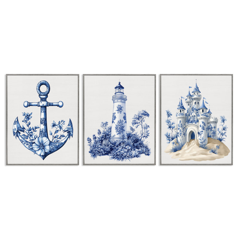 Ensemble de 3 giclées encadrées ornées de motifs nautiques, H 20 po x l 16 po, Estampe numérique Farmhouse