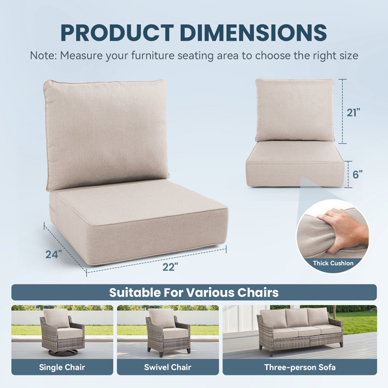 6" Thick Outdoor Cushions 22X24x6, Deep Seat Patio Cushions With Removable Cover, Waterproof & Fade Resistant Replacement For Wicker Chair, Loveseat, Sofa