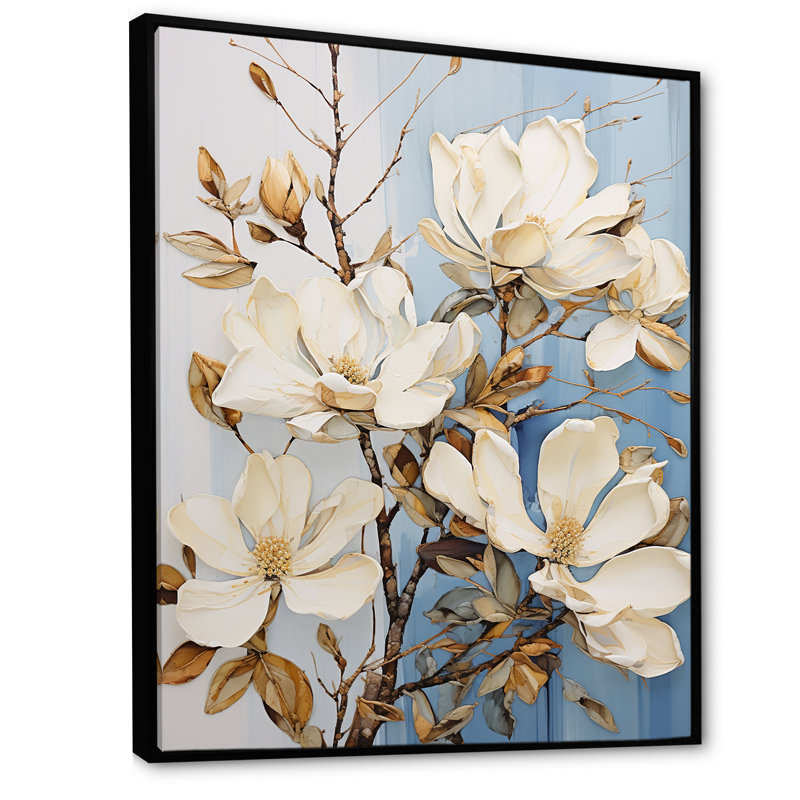 Magnifique paysage de rêve beige et doré Magnolia I sur toile, Cadre flottant noir, H 40 po x l 30 po
