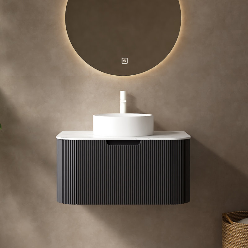 30" Striped Bathroom Vanity With Sink, Plywood Modern Wall-mounted Floating Curved Edges Striped Bathroom Storage Cabinet With A Drawer, White Round Ceramic Basin Without Faucet, Pre-assembled