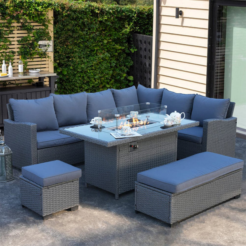 Right Facing Corner 9 Seater Fire Pit Set With Bench And Stool & Furniture Cover, Dark Grey