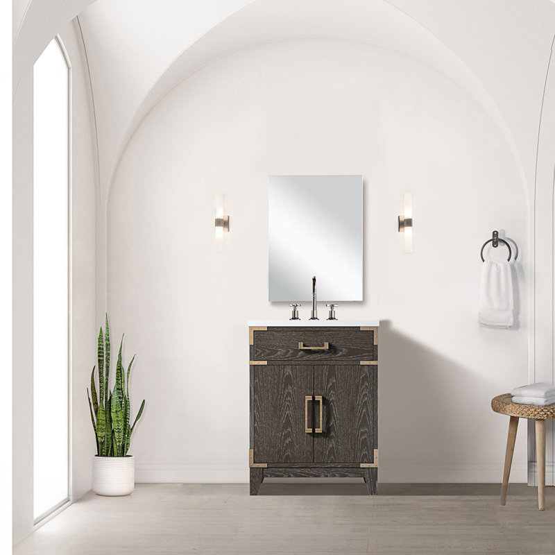 24 po X P 18 po D Meuble-lavabo simple avec comptoir en acrylique et miroir, Chêne brun