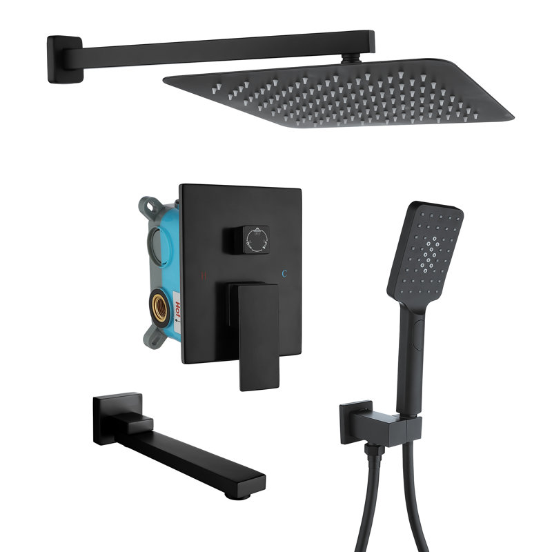 Système de douche carré à pression équilibrée avec soupape brute Square Rain, Noir mat
