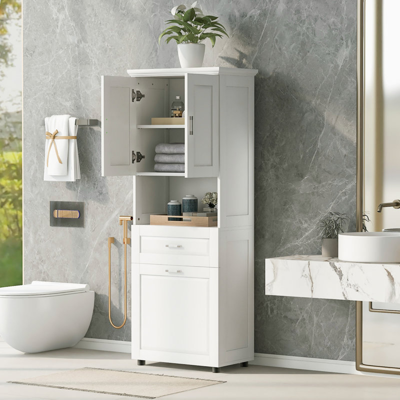 Tall Bathroom Cabinet With Laundry Basket, White