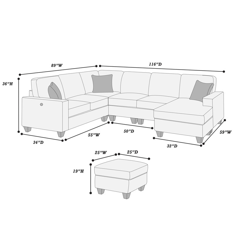 Chenille Sectional Set With Ottoman, Dark Gray Chenille