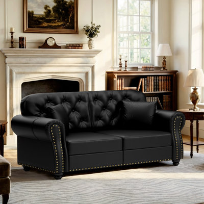 Mid-Century Modern 63" Upholstered Sofa With Nailhead Trim, Faux Leather, Chesterfield Sofa With Button Tufted