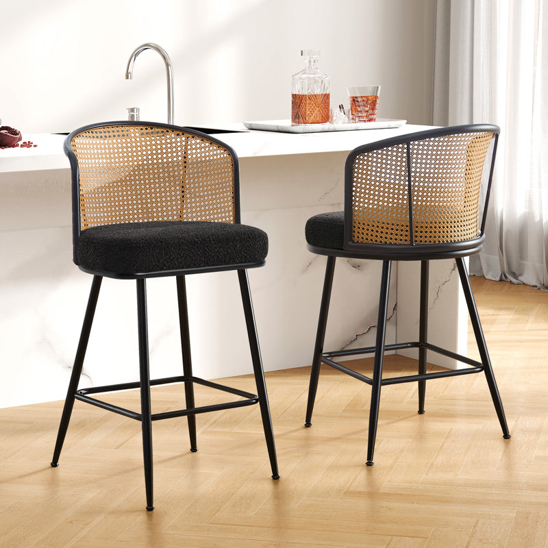 Cane Back Upholstered Counter & Bar Stool, Black, 2, Bar Stool (29" Seat Height)