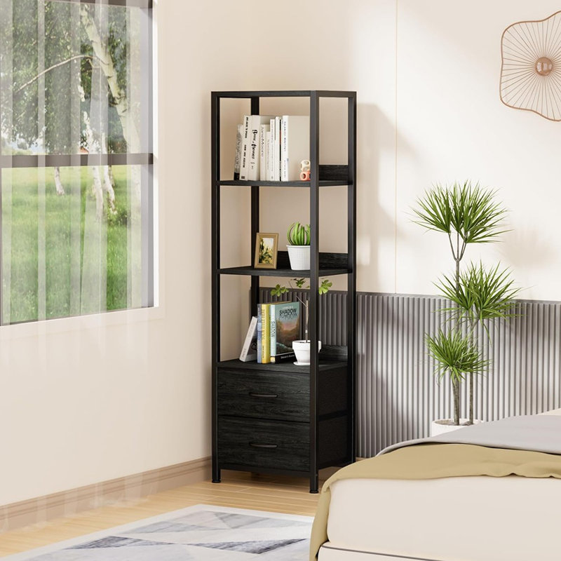4-Tier Corner Shelf, Bookshelf With 2 Storage Drawers, ...