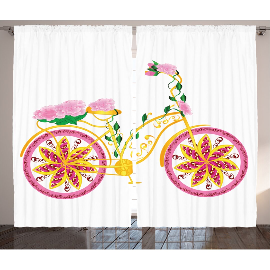 Rustikaler Vorhang, Rosa Fahrrad Blumenverzierung, Kids, Gelb Rosa