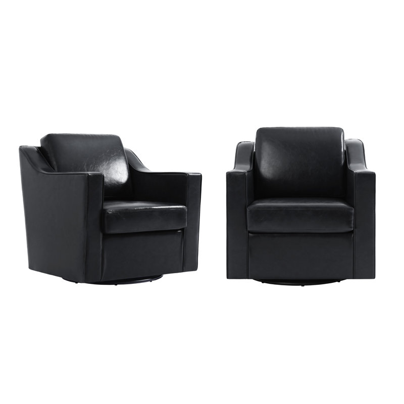 Bronnen Big And Wide Upholstered Black Faux Leather Cushion Swivel Armchair with Removable Back and Seat Cushion (Set of 2)