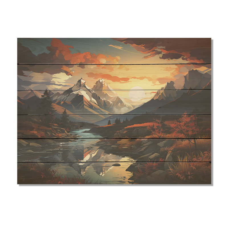 Mountain Sunset Serenity I - montagnes, art sur bois de pin naturel, H 10 po x l 20 po