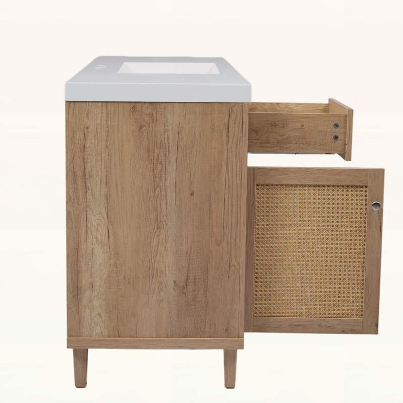 60-Inch Modern Bathroom Vanity with Sink,Large Storage,Soft-Close Drawers,Rattan Doors, Antique Natural