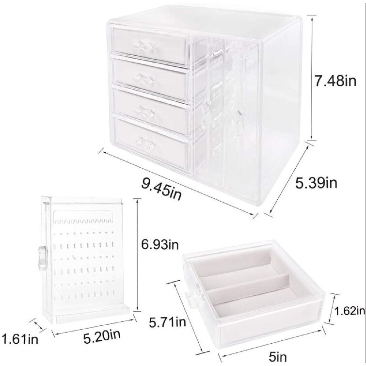Latitude Run Acrylic Jewelry Organizer Box, Clear Earring Holder Jewelry Hanging Boxes with 4 Velvet Drawers for Earrings Ring Necklace Bracelet Display Case Gift
