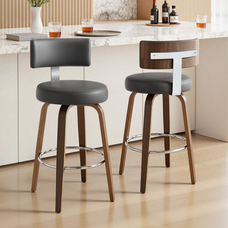Sonja Swivel Upholstered Counter Stool, Counter Stool (26" Seat Height), Gray Seat/ Brown Frame