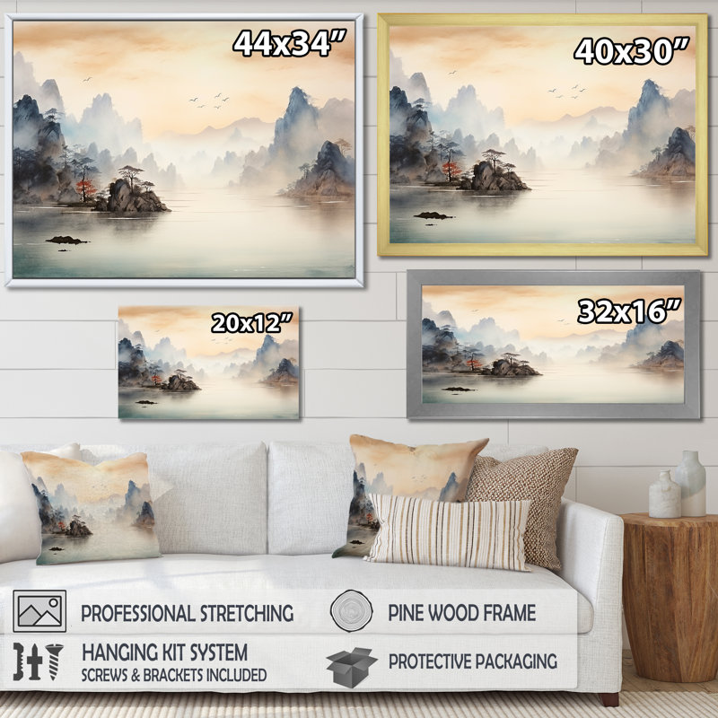 «Grey Tranquil Chinese Landscape Serenity II - China», art mural, H 16 po x l 32 po x P 1 po, Toile tendue