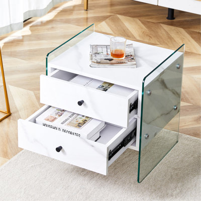 Double-Drawer Bedside Table. The Board Surface Is MDF Sticker, And Both Sides Are Transparent Tempered Glass.