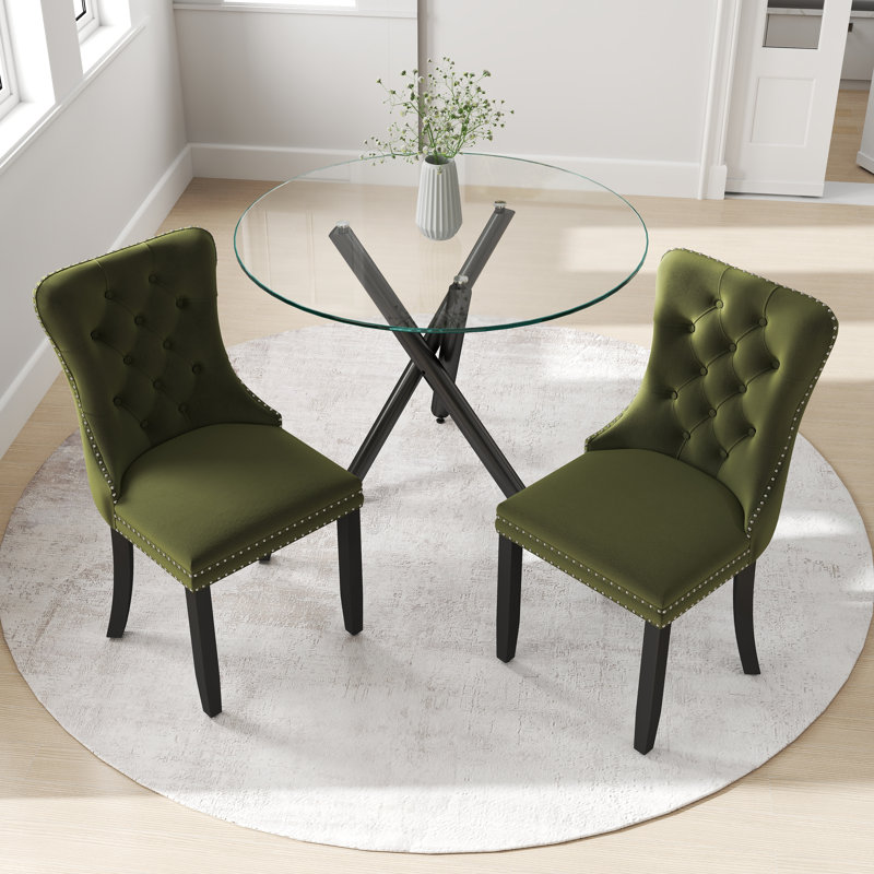 Ensemble de table ronde en verre, 3, Vert olive