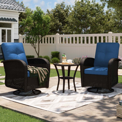 3-Piece Outdoor Wicker Swivel Rocker Patio Set with 4-Inch Navy Cushions and Side Table for Porch, Deck & Backyard