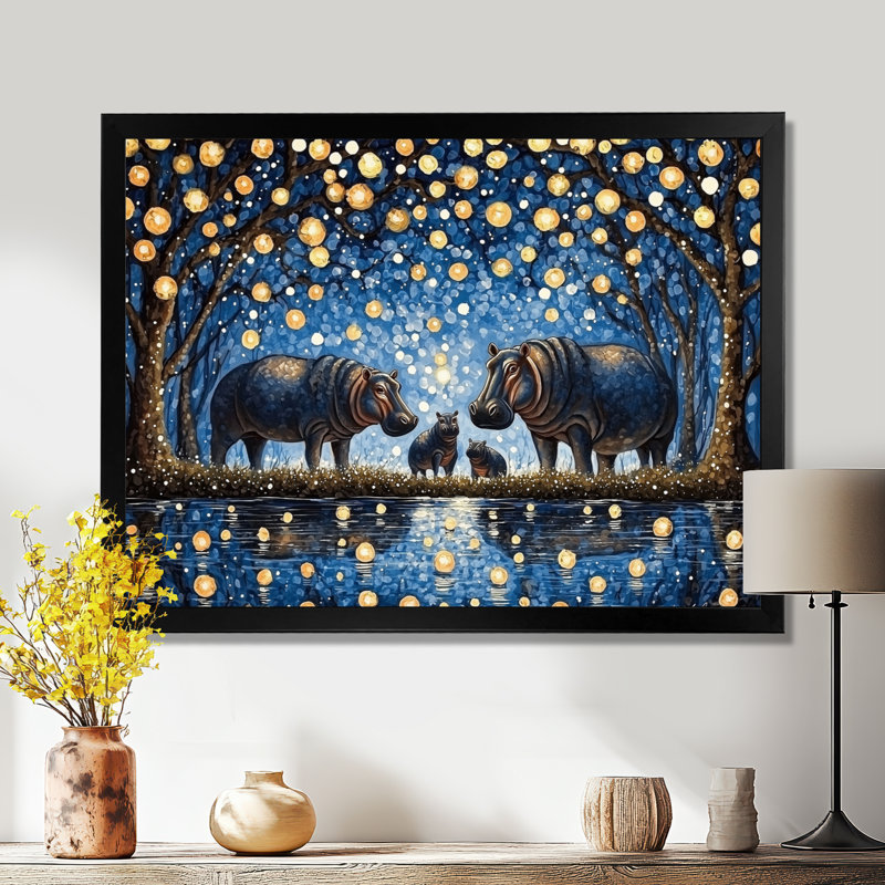 Décoration murale famille hippopotame ciel étoilé II - Hippopotame, H 12 po x l 20 po, Noir