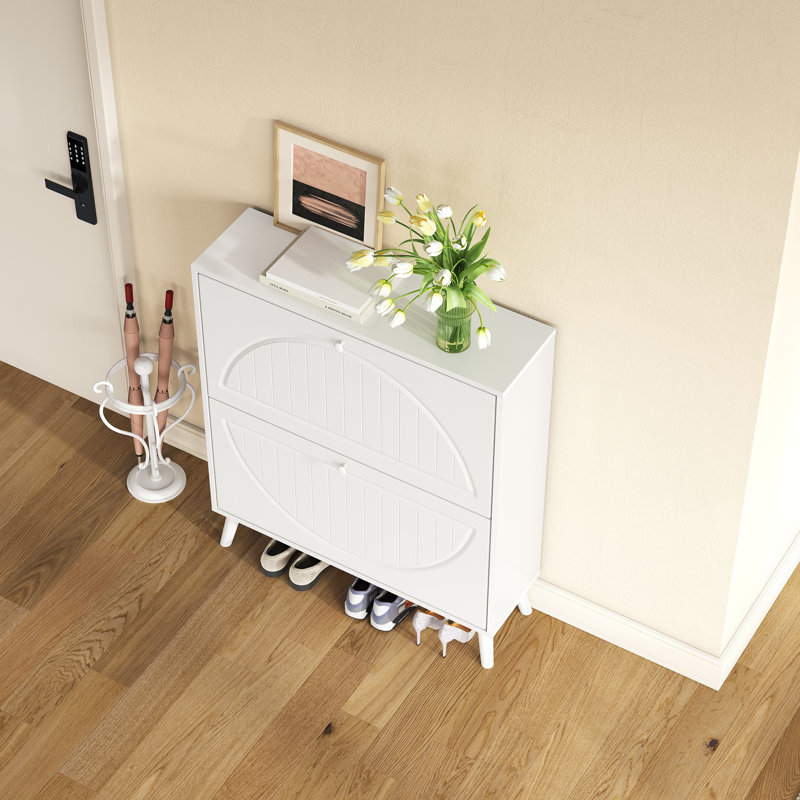 Space-Saving Tipping Bucket Storage Cabinet, Narrow Design with Carved Details, Solid Wood Legs, Anti-Tip Kit Included