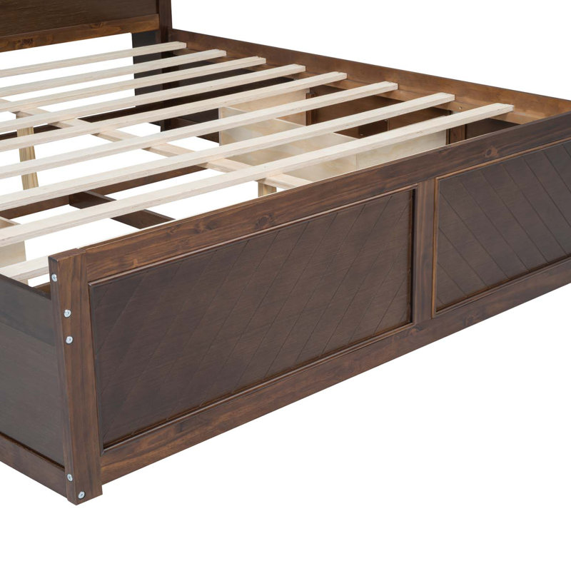 Lit plateforme très grand en bois avec tête de lit multi-rangement, USB et tiroirs, Espresso