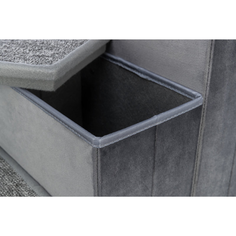 Gray Velour 3-Step Pet Stairs with Storage Compartments