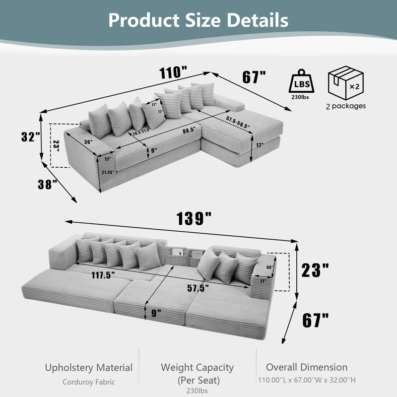 Oversize Cloud Couch L-Shape Sectional Sofa - Convertible Floor Sleeper Sofa Bed with 8 Pillows, No Assembly Required, 3-in-1 Right Facing Design, Ultra Soft Corduroy Upholstery (4 Seat Capacity)