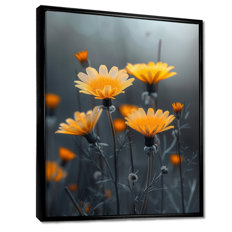 Monochromes jaunes et gris, marguerite dans le vent II - marguerite, impression d'art mural, Cadre flottant noir