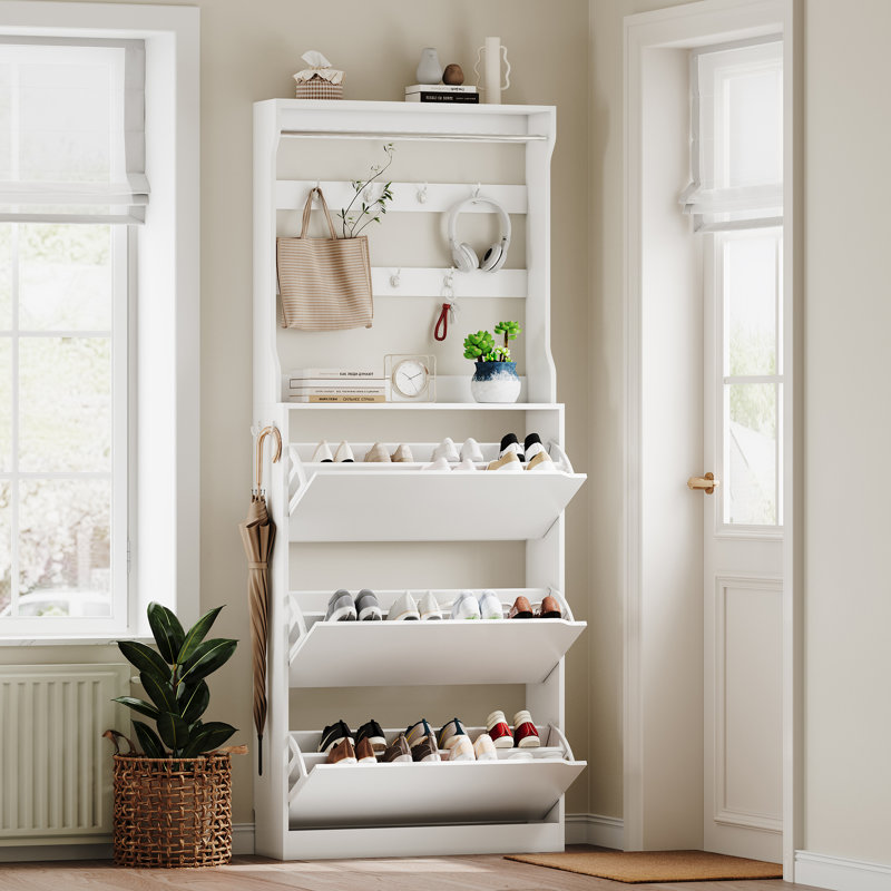 24 Pair Shoe Storage Cabinet 3 Flip Drawers, Adjustable Shelves & 9 Hooks - Space-Saving Entryway Organizer, White