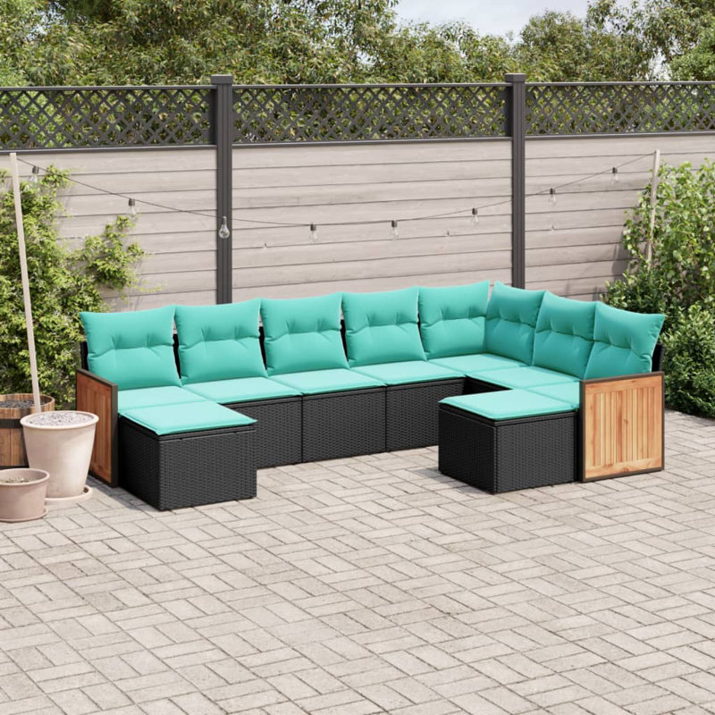  Ensemble de canapé de patio 9 pièces avec coussins en rotin de polyester noir
