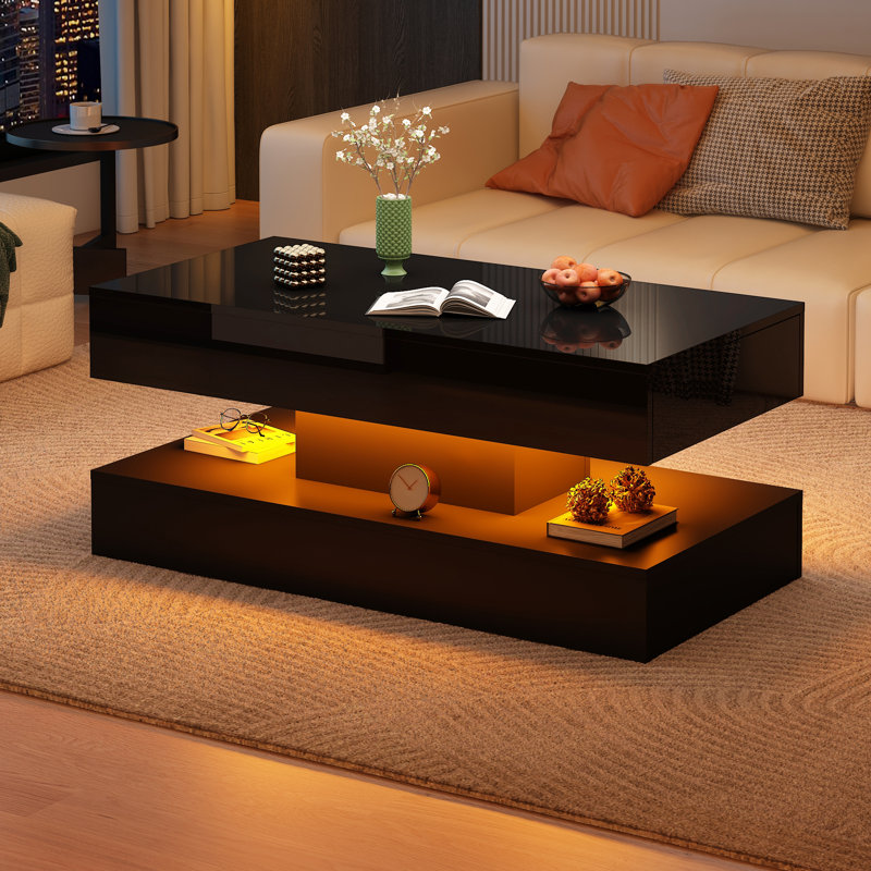 Modern High Gloss Black LED Coffee Table with 2 Storage Drawers, 20 Colors LED Lights (APP/Remote Control), 2-Tier Marbling Print Center Table for Living Room