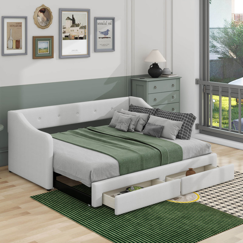 Twin XL To King Size Upholstered Daybed With Drawers, Beige