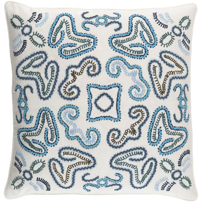 Avana Paisley Cotton Throw Pillow, Cream/Sky Blue/Navy, 22" x 22", Polyester/Polyfill