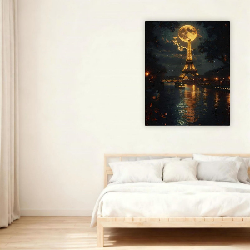 Art mural sur toile 24 "x 36" Night Eiffel Tower & Moonlit River